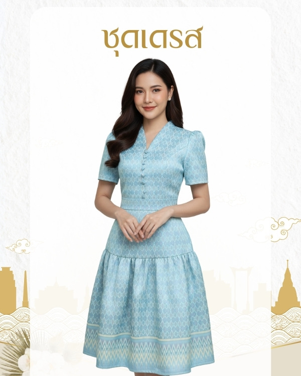 ชุดเดรสผ้าไหมผู้หญิงสีฟ้า